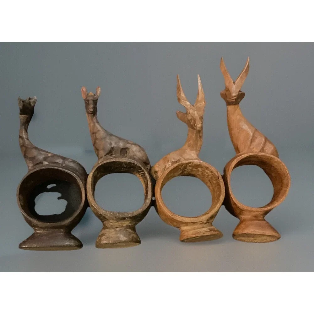 Hand Carved Wooden African Animal‎ Napkin Ring Holders Vintage Set Of 4 Animals